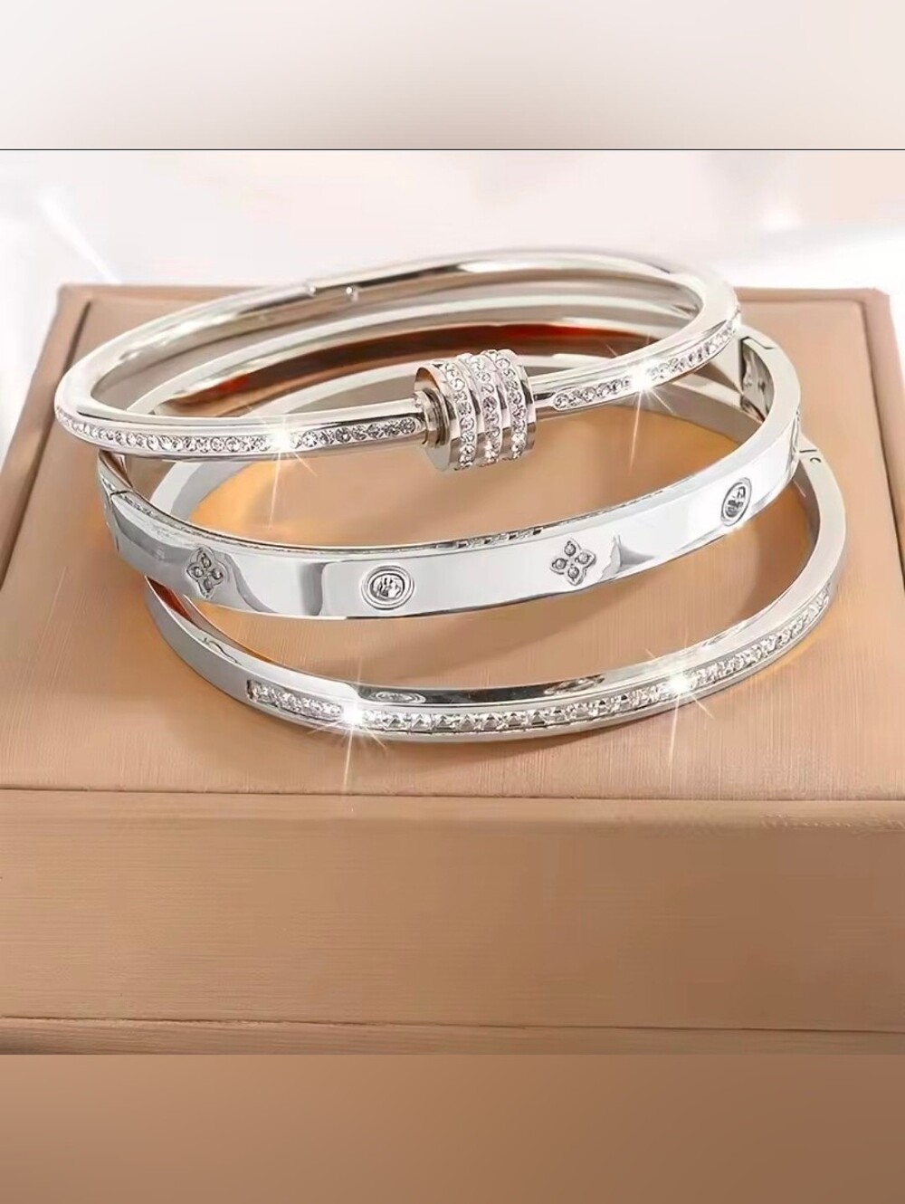 Classic Silver stainless steel Crystal Stackable Bracelet Set
